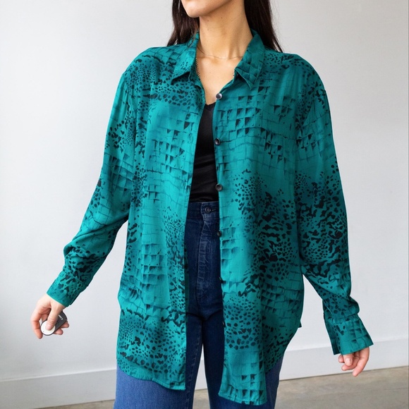 Vintage Teal Cheetah Print Blouse L - Picture 1 of 7